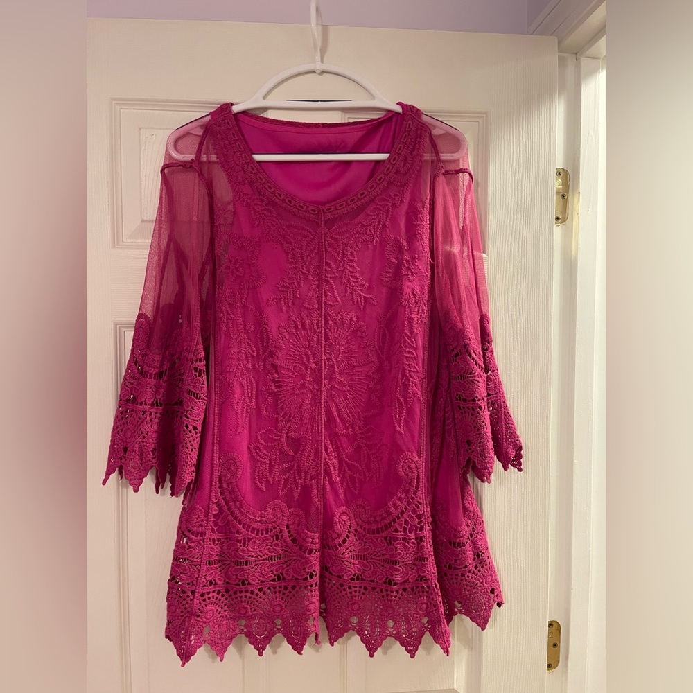 Ultra Pink Textured Lace Top fuschia color size large